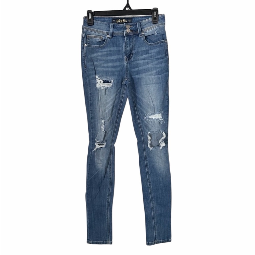 Indigo Rein Mid Rise Blue Distressed Junior’s Skinny Jeans 5 (26x27) Pre-Loved